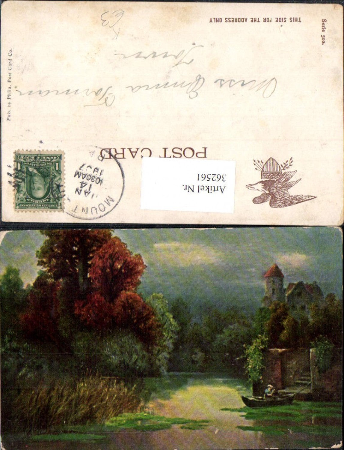 362561,Künstler Ak Mann Ruderboot Boot Burg Schloss Landschaft