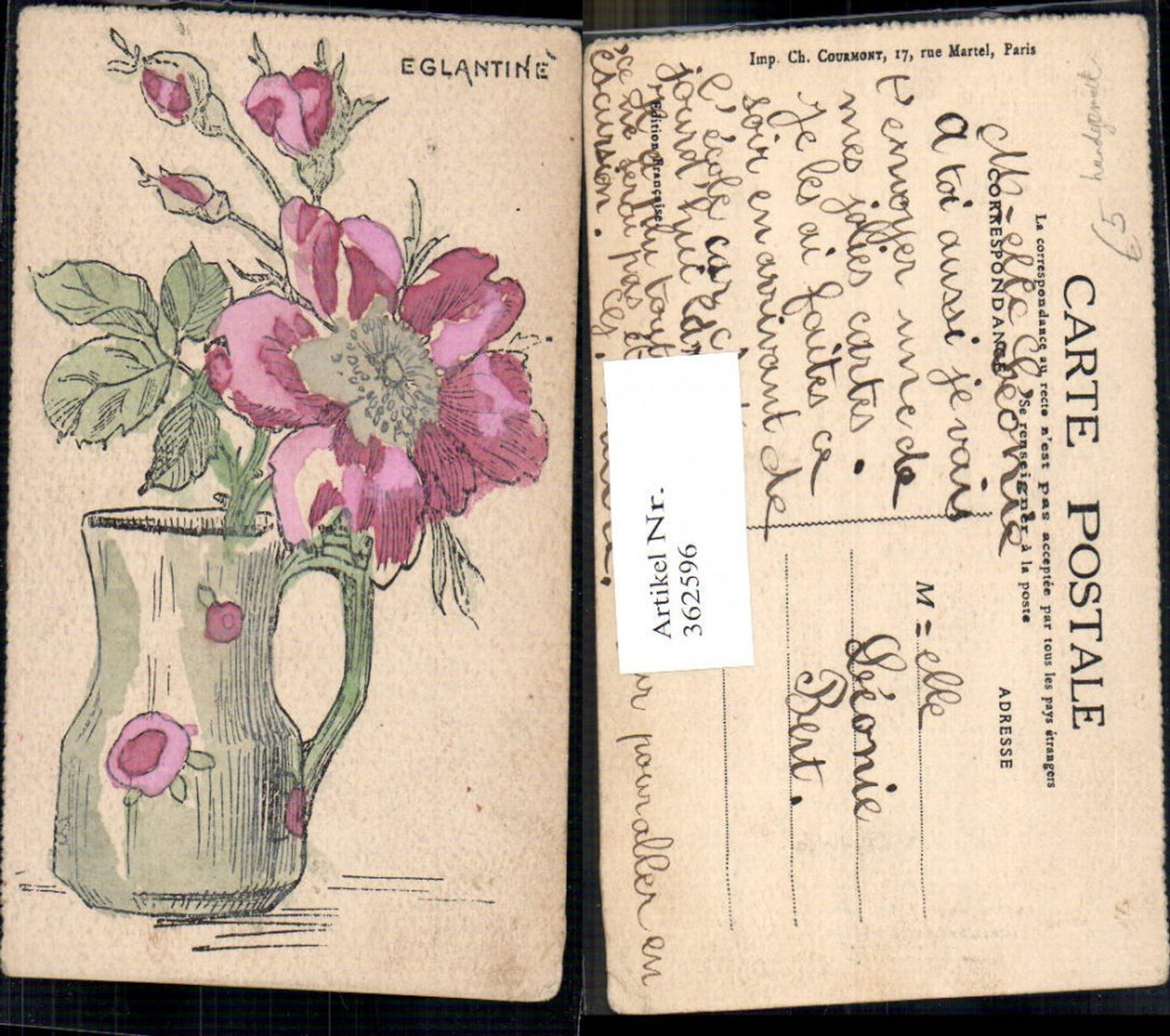 362596,Künstler Ak Handgemalt Eglantine Rosa Rose Strauchrose i. Krug Vase Blumen