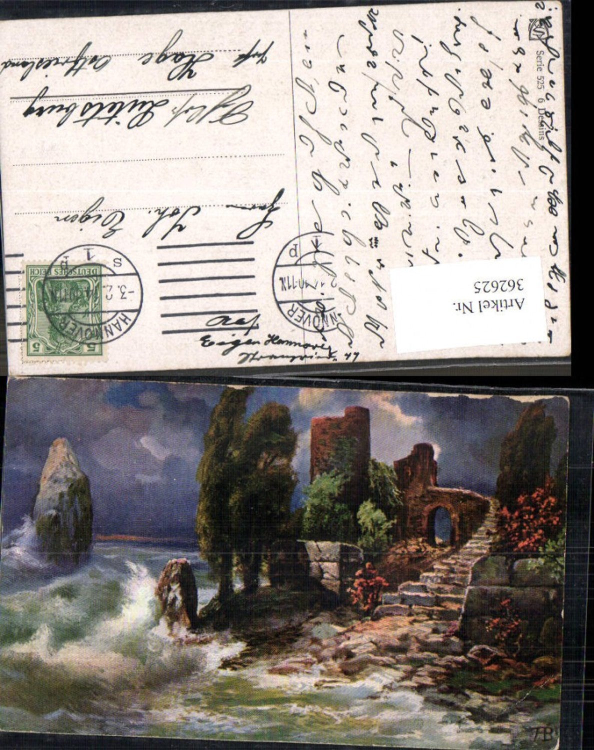 362625,Künstler Ak Burg Ruine Ufer See Brandung