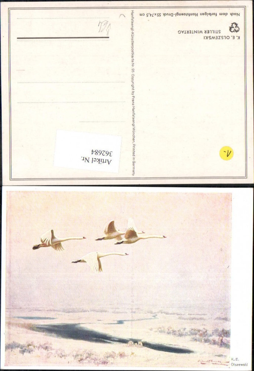 362684,Künstler Ak K. E. Olszewski Stiller Wintertag Schwäne pub Hanfstängel 95