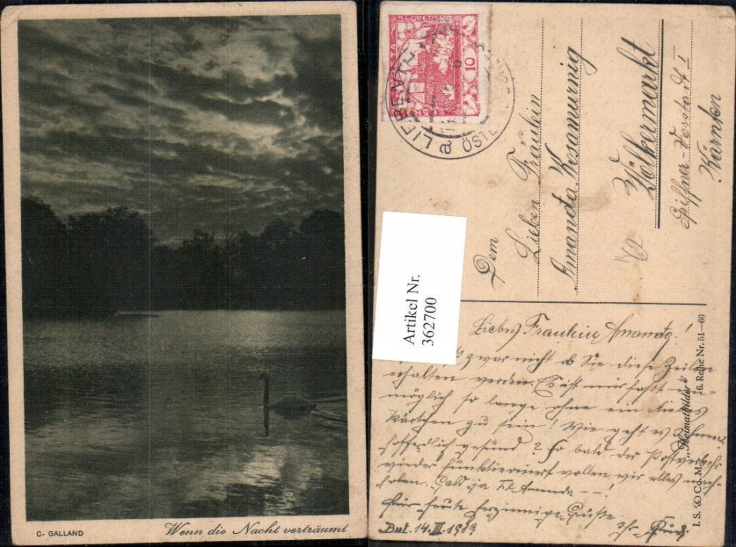 362700,Künstler Ak C. Galland Wenn die Nacht verträumt Schwan See Stimmungsbild