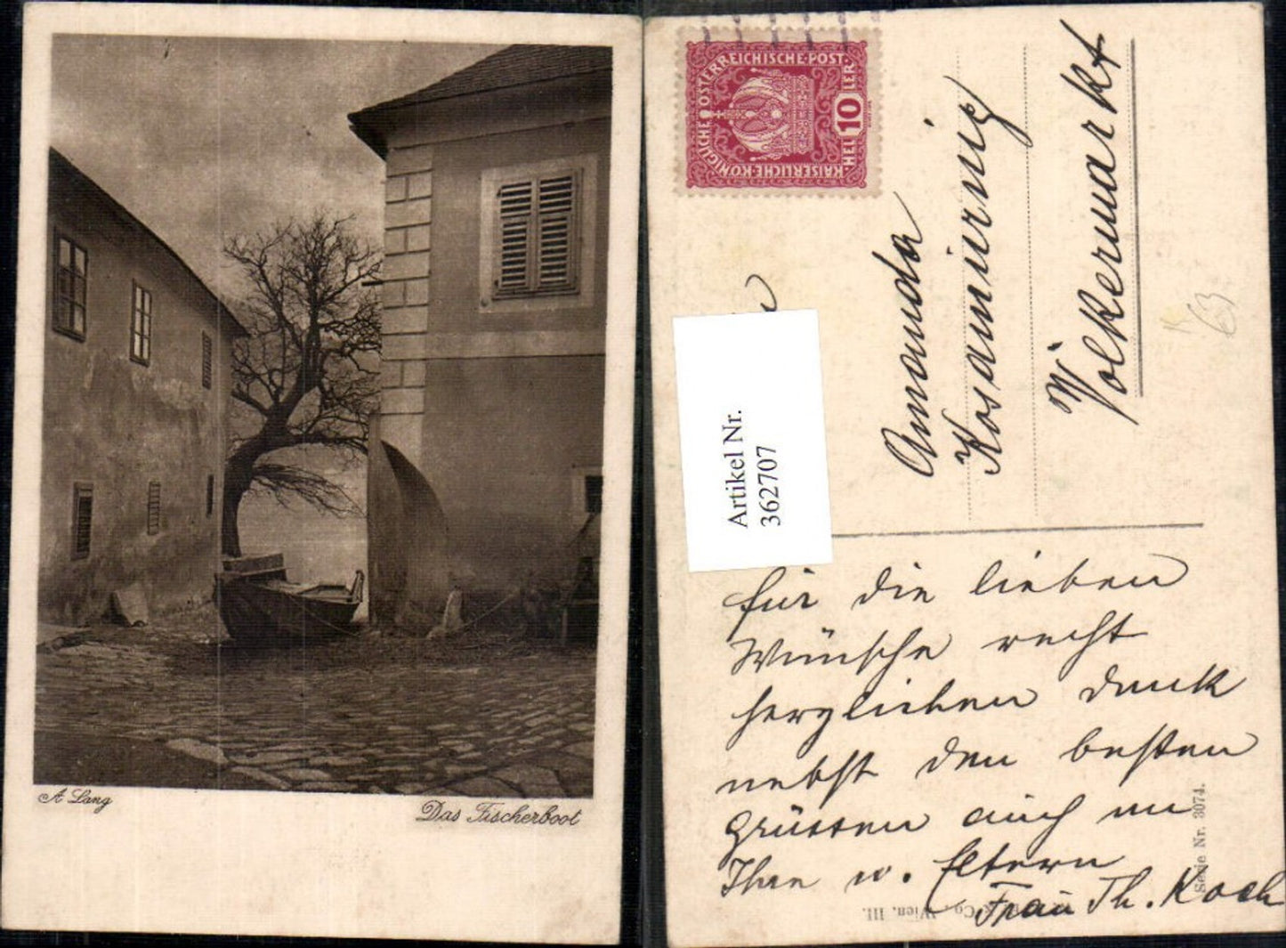 362707,Künstler Ak A. Lang Das Fischerboot Boot a. Ufer Häuser