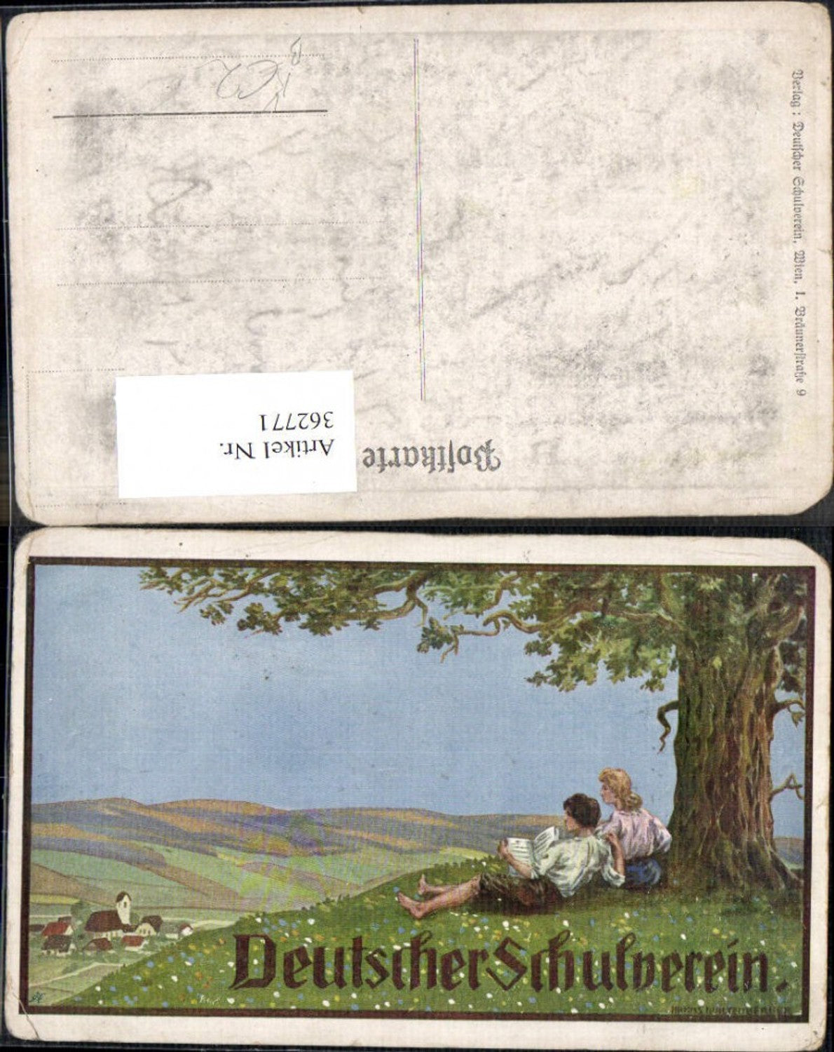 362771,Deutscher Schulverein Künstlerkarte Hanns Waltenberger Paar Lesen Baum