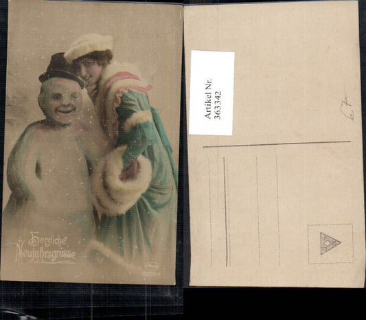 363342, Photo Ak Snowman Woman with Hat Fur Stole New Year Snow