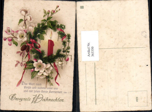 363350,Künstler Ak Weihnachten Brennende Kerze Tannenkranz Schleife Blühender Zweig Spruch