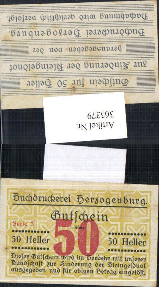 363379,Privatnotgeld Notgeld Buchdruckerei Herzogenburg Serie 3 50 Heller Gutschein