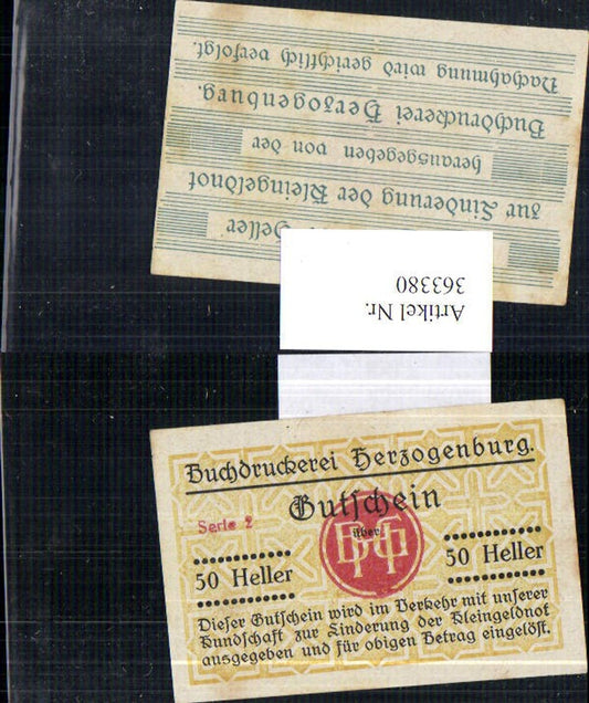 363380,Privatnotgeld Notgeld Buchdruckerei Herzogenburg Serie 2 50 Heller Gutschein