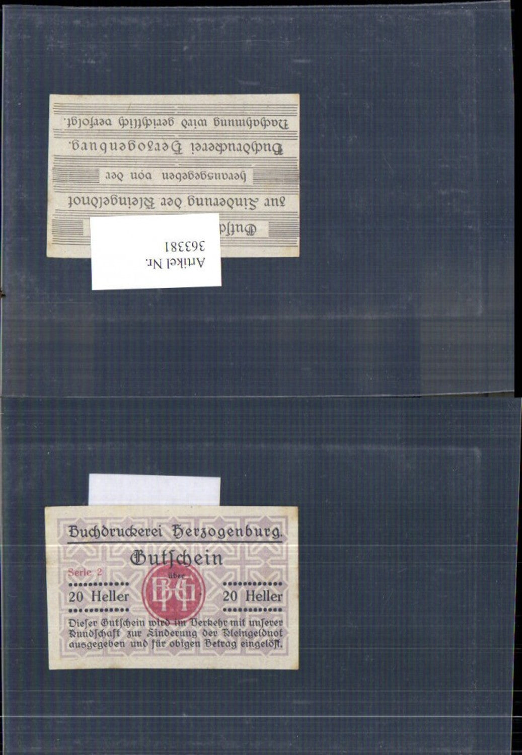 363381,Privatnotgeld Notgeld Buchdruckerei Herzogenburg Serie 2 20 Heller Gutschein