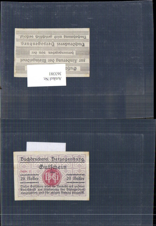 363381,Privatnotgeld Notgeld Buchdruckerei Herzogenburg Serie 2 20 Heller Gutschein