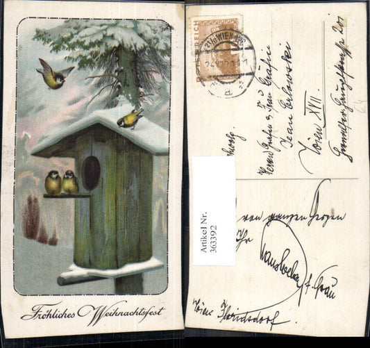 363392,Künstler Ak Weihnachten Vögel Brutkasten Vogelhaus Baum Schnee