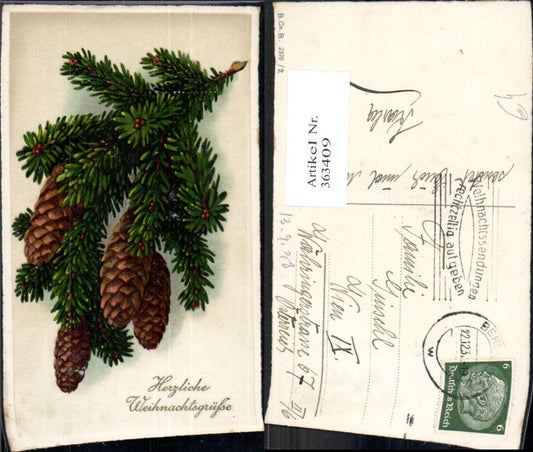 363409,Künstler Ak Weihnachten Tannenzweig Zapfen Goldschrift