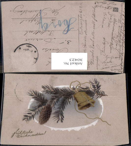 363423,Künstler Ak Weihnachten Tannenzweig Zapfen Glocke Passepartout Schnee
