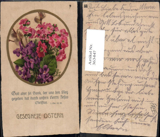 363447,Künstler Ak Ostern Blumen Veilchen Palmkätzchen Passepartout Spruch Text