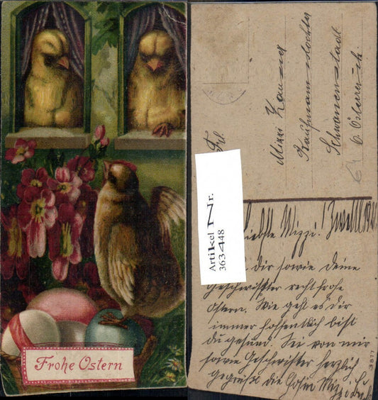 363448,Künstler Ak Ostern Küken i. Fenster Ostereier Eier Nest