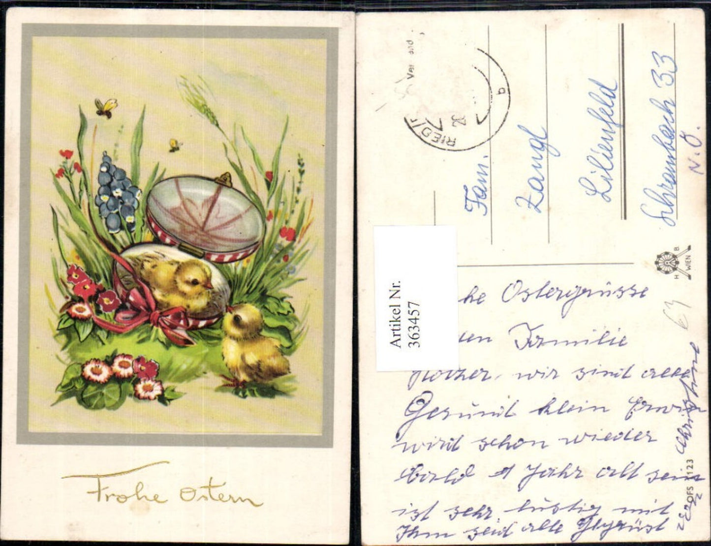 363457,Künstler Ak Ostern Schatulle Ei Küken Schleife Blumen Bienen Passepartout
