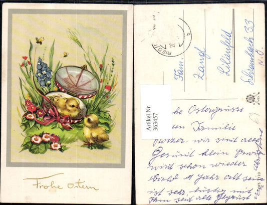 363457,Künstler Ak Ostern Schatulle Ei Küken Schleife Blumen Bienen Passepartout