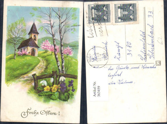 363459,Künstler Ak Ostern Kirche Weg Landschaft Bäume Blumen Goldschrift