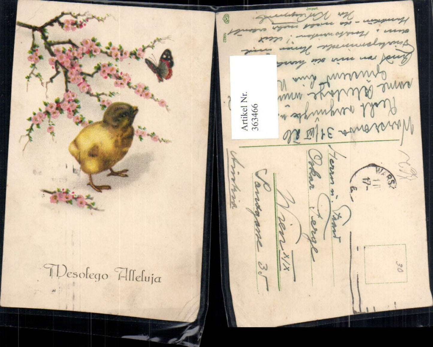 363466,Künstler Ak Ostern Küken Schmetterling Blütenzweig pub EAS 4982