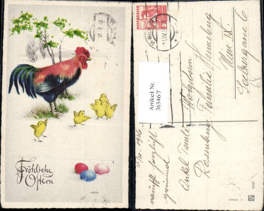 363467,Künstler Ak Ostern Hahn Küken Ostereier Eier Baum Strauch