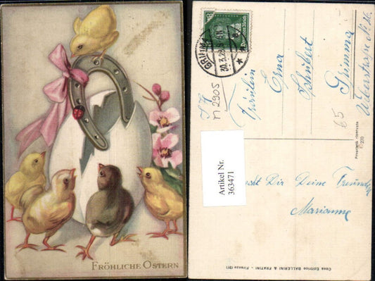 363471,Künstler Ak Ostern Küken Ei Eierschalen Schleife Huteisen Marienkäfer Blume