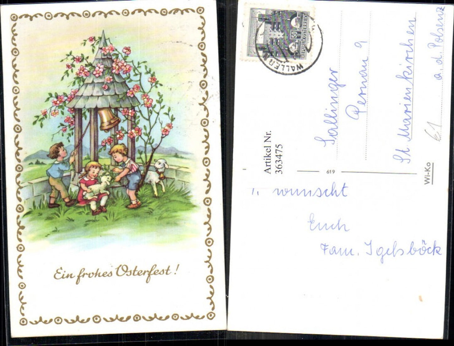 363475,Künstler Ak Ostern Kinder läuten Glocke Glockenturm Lämmer Blumen Rosenstrauß