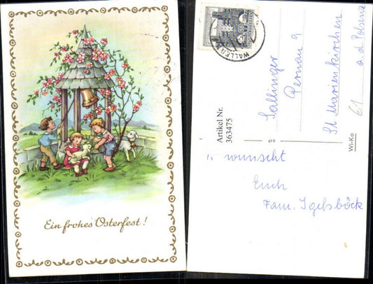 363475,Künstler Ak Ostern Kinder läuten Glocke Glockenturm Lämmer Blumen Rosenstrauß