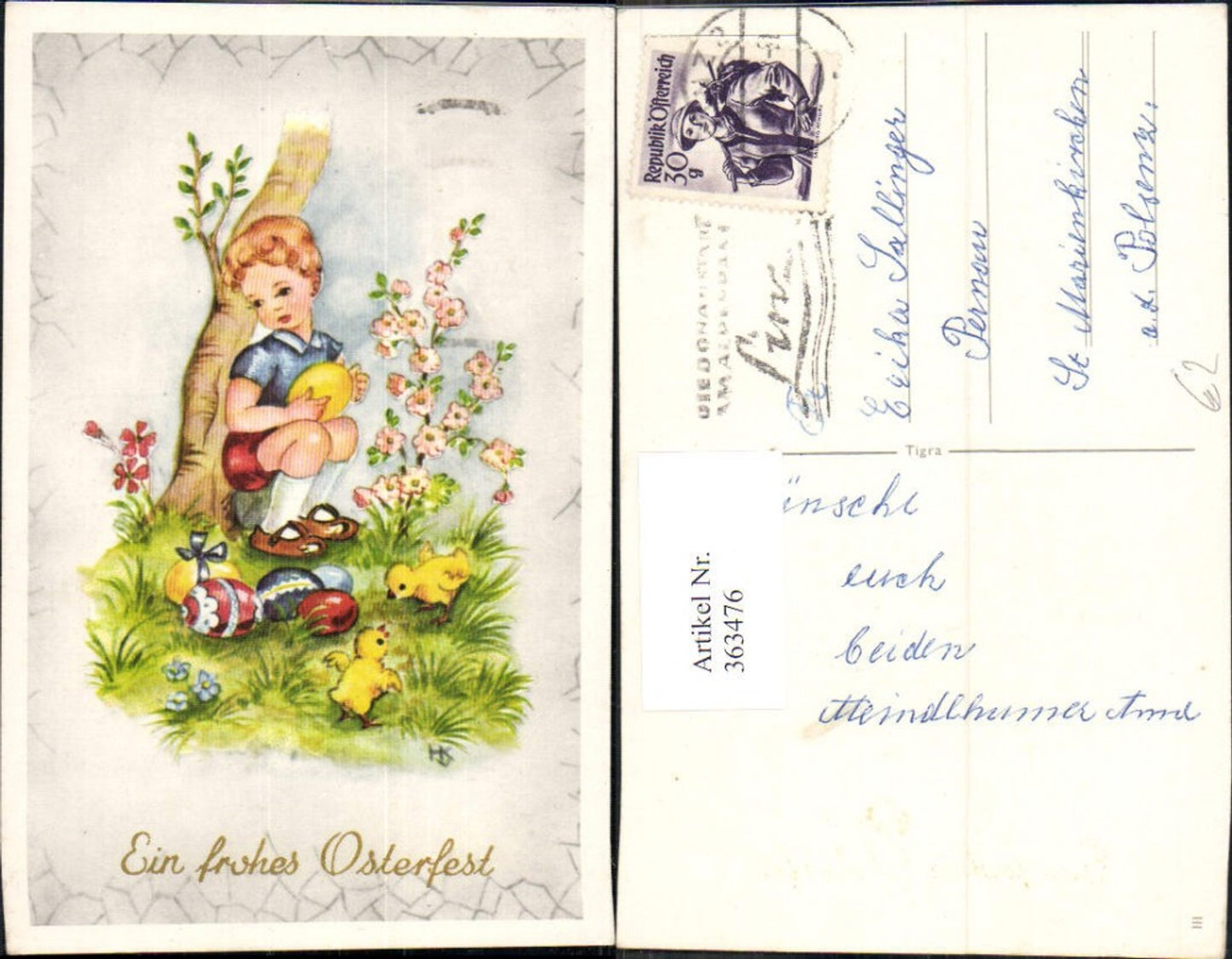 363476, Artist Ak Easter Boy Chick Easter Eggs Flowers Tree Trunk Gold Lettering