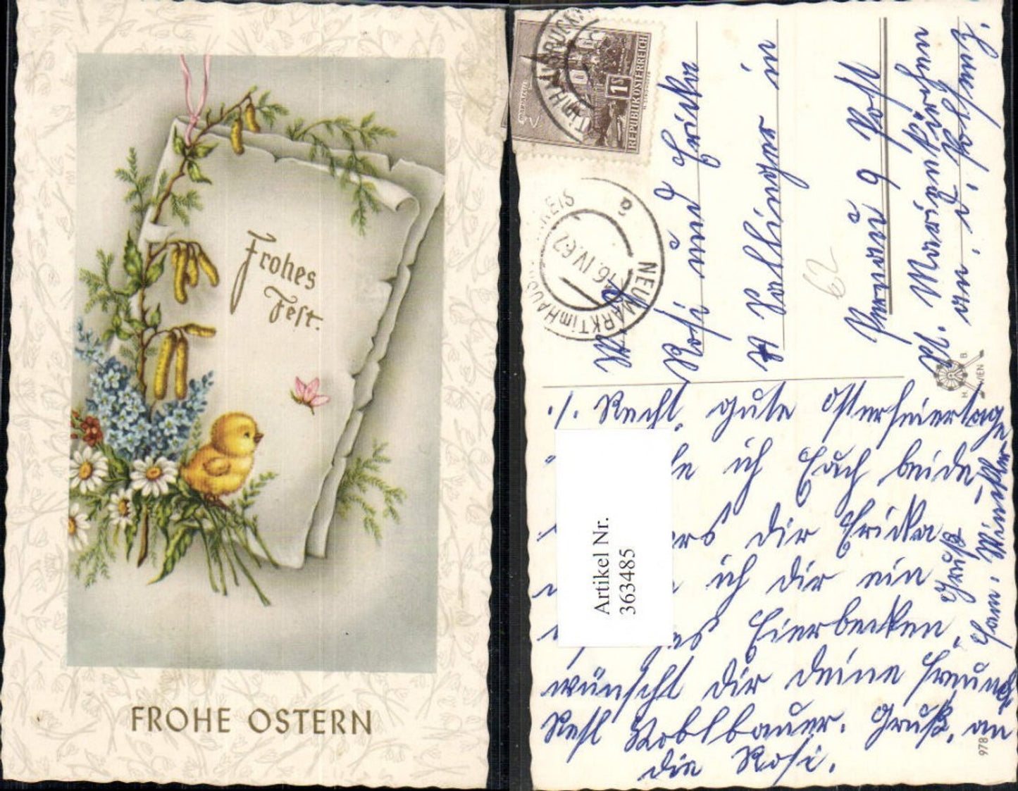 363485, Artist Ak Easter Chick Flowers Paper Leaf Pussy Willow Gold Lettering