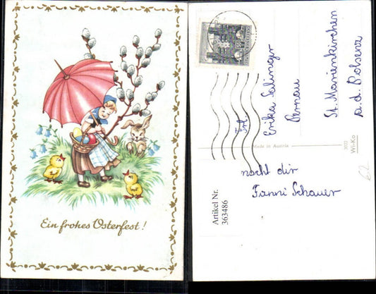 363486, Artist AK Easter Girl with umbrella Chick Rabbits Pussy willow branch Flowers