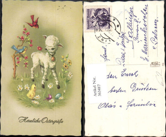 363487, Artist Ak Easter Lamb with Bell Bird Chick Easter Eggs Eggs Flowers