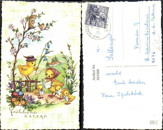 363488, Artist Ak Easter Chick Singing Music Easter Eggs Flowers Flowering Branch