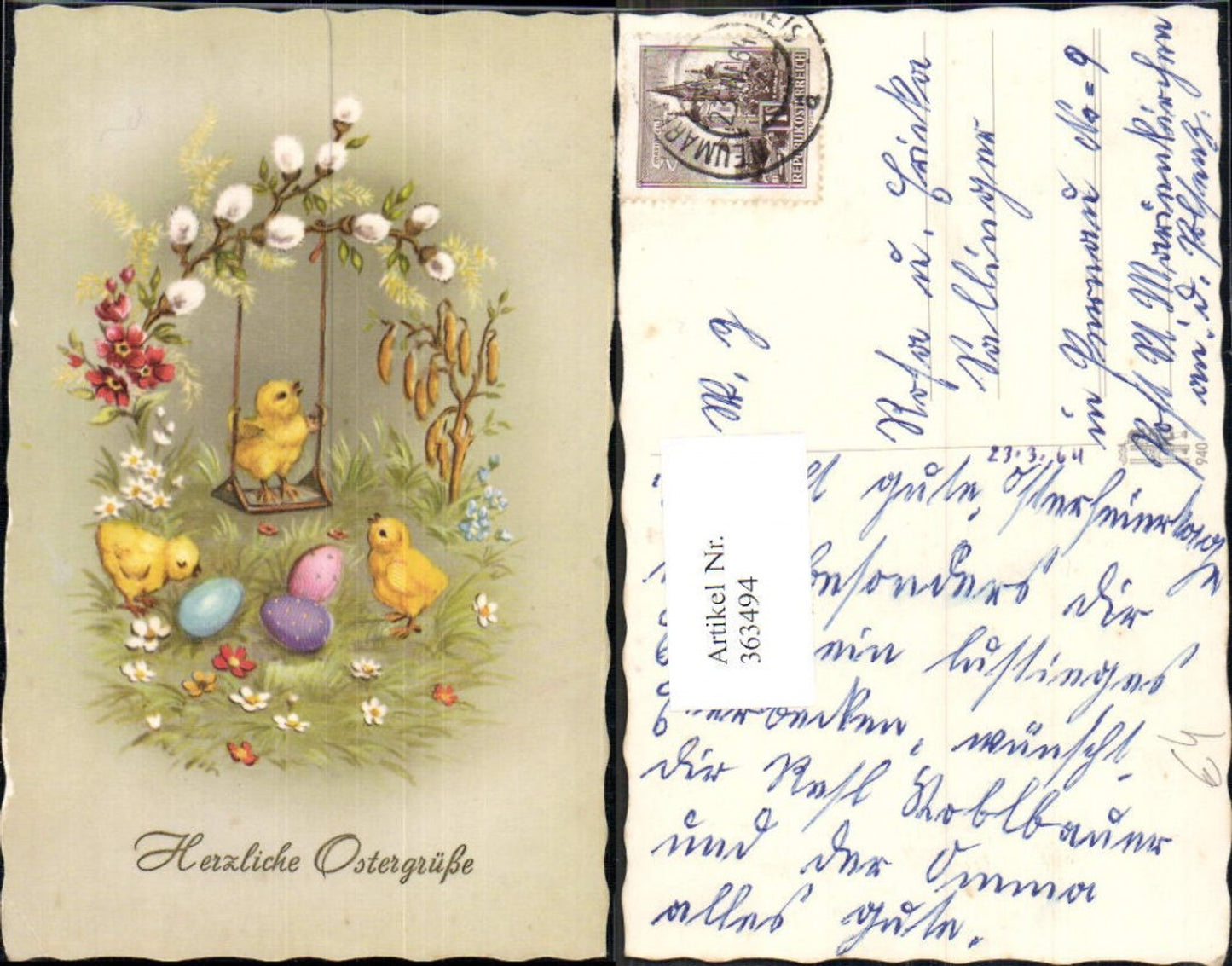 363494, Artist Ak Easter chick on swing pussy willow branch eggs flowers blossoms