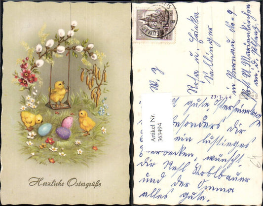 363494, Artist Ak Easter chick on swing pussy willow branch eggs flowers blossoms