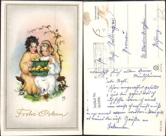 363496, Artist AK Easter Children with basket Chick Flowering branch Gold lettering