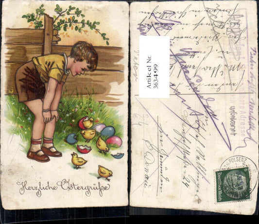 363499, Artist Ak Easter Boy Young Chicks Hatching Eggs Easter Eggs Stamp Proclaimed