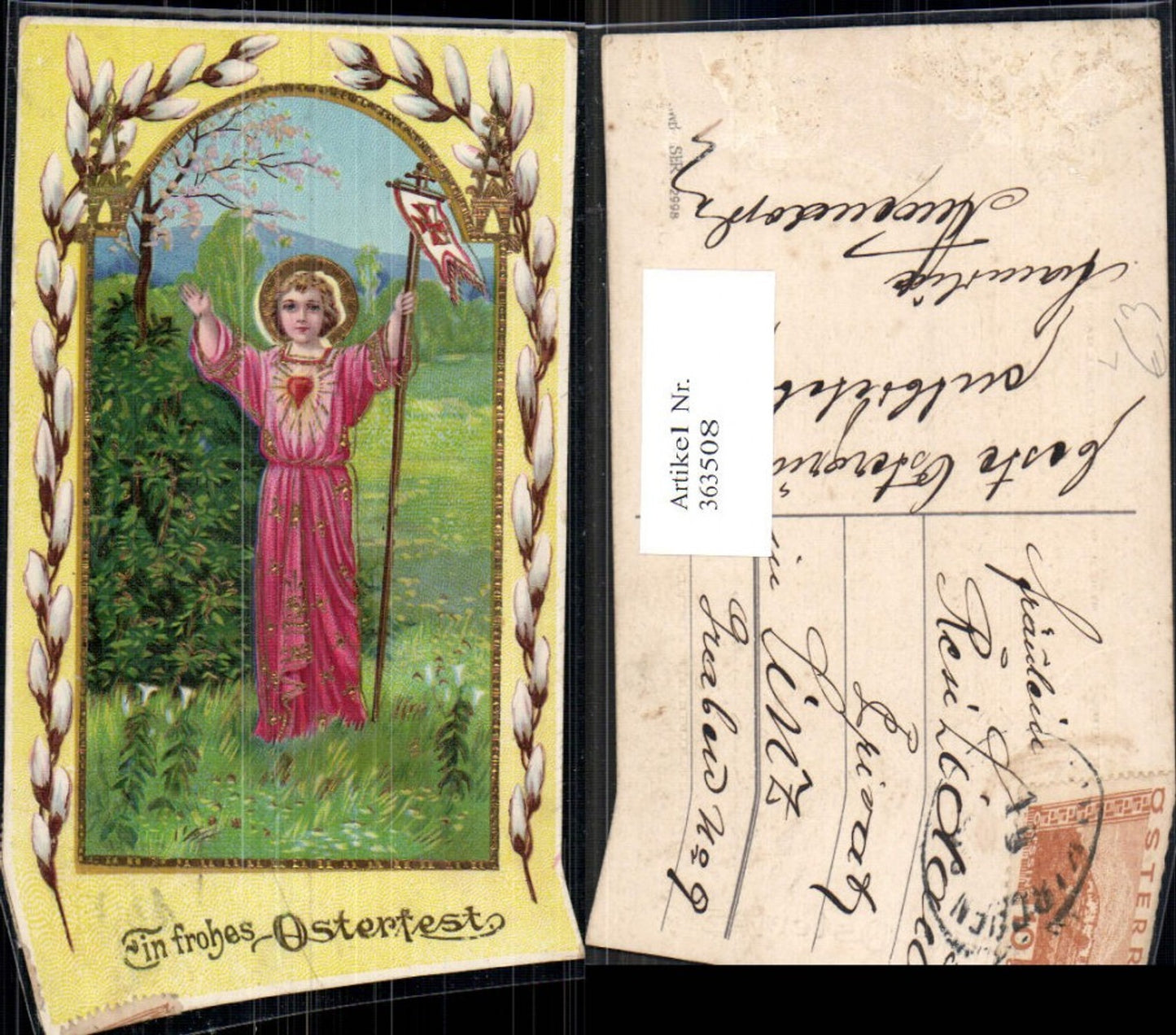 363508, Artist Lithograph Easter Christ Child Halo Gonfanon Pussy Willow Gold Ornament