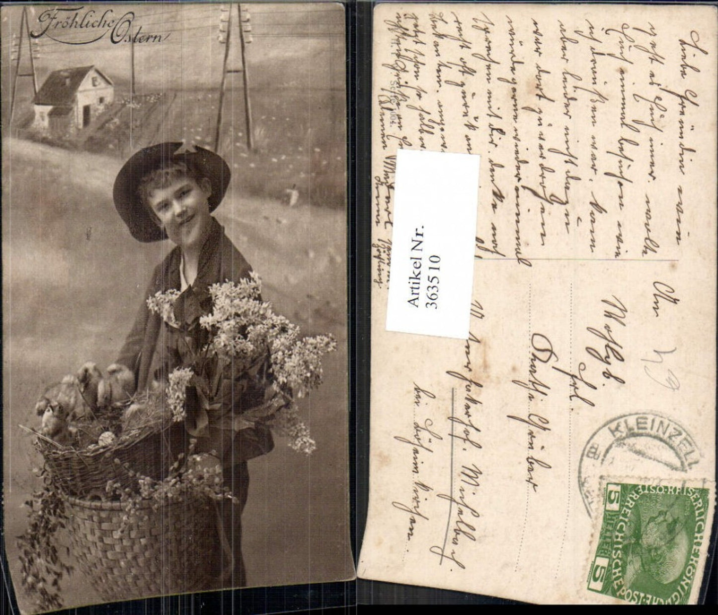 363510, Easter boy, basket with chick, flowering branch