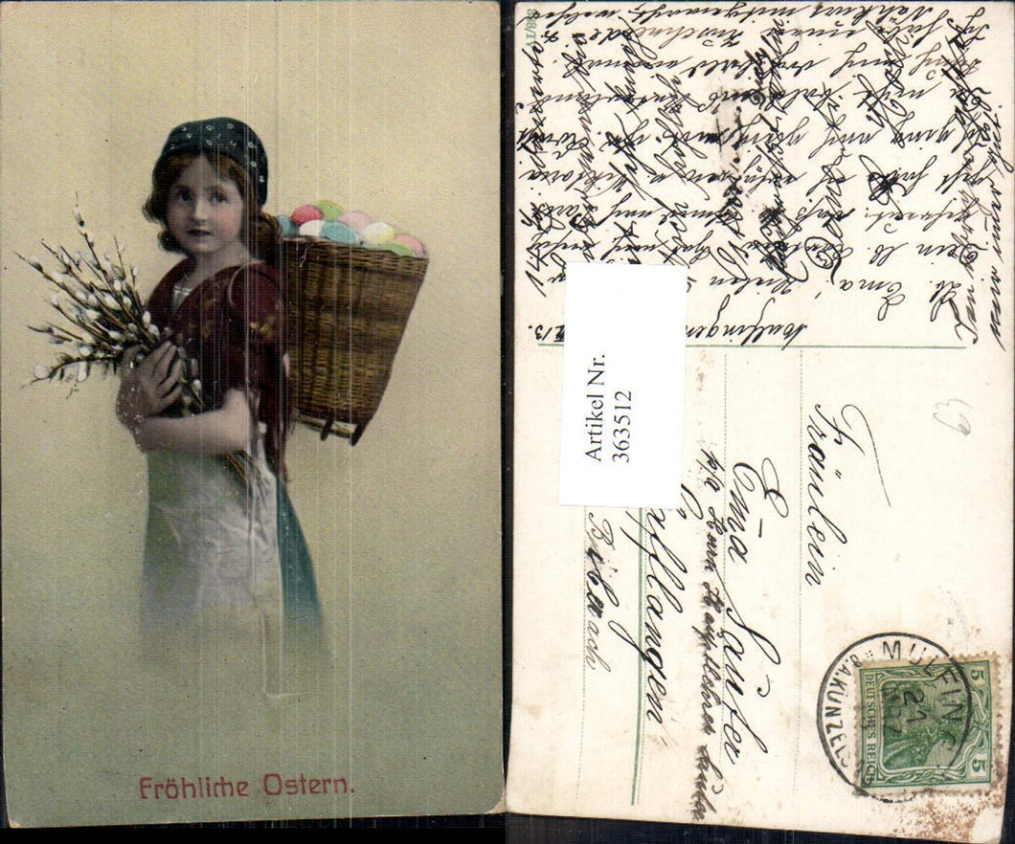 363512, Artist Ak Easter Girl Traditional Costume Headscarf Back Basket Eggs Easter Eggs Pussy Willow