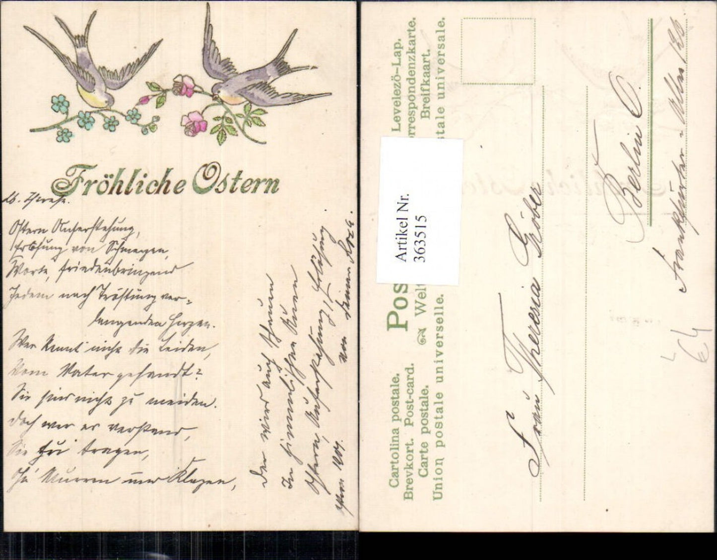 363515, Embosser Lithograph Easter Swallows Birds Flowers Roses