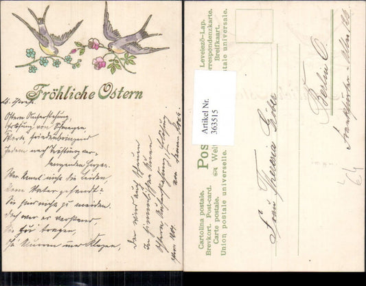 363515, Embosser Lithograph Easter Swallows Birds Flowers Roses