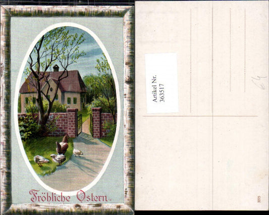 363517,Künstler Ak Ostern Hahn Hühner Gartentor Haus Passepartout