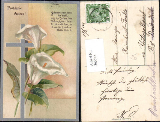 363522,Künstler Ak Ostern Calla Blumen Kreuz Spruch Silberverzierung