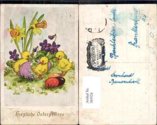 363524,Künstler Ak Ostern Küken Eierschalen Ostereier Eier Blumen Narzissen Veilchen