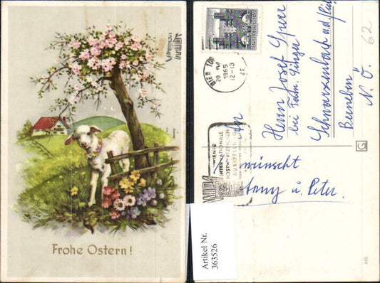 363526,Künstler Ak Ostern Lamm Blütenbaum Blumen Haus Landschaft