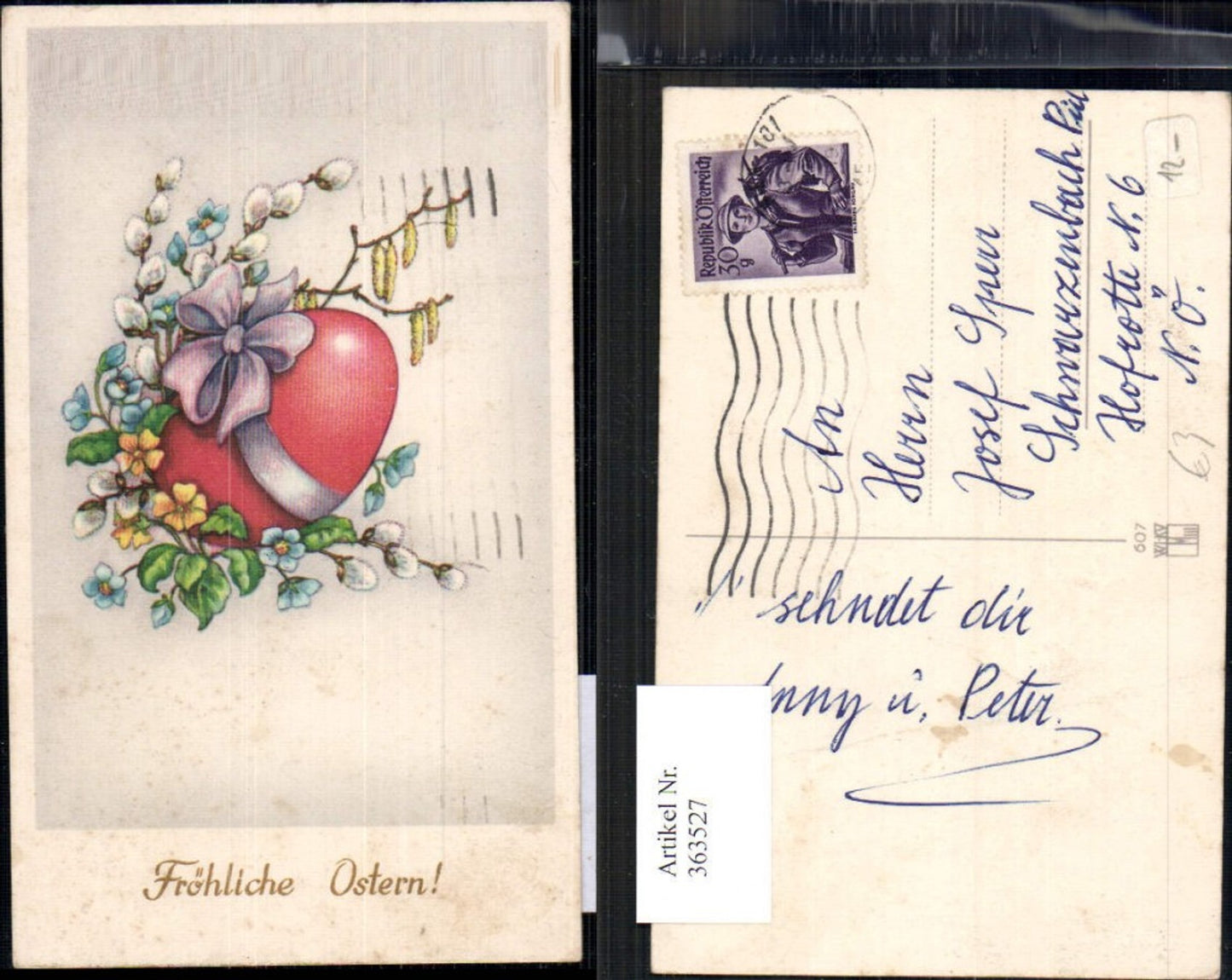 363527,Künstler Ak Ostern Osterei Ei Schleife Blütenzweig Palmkätzchen Goldschrift