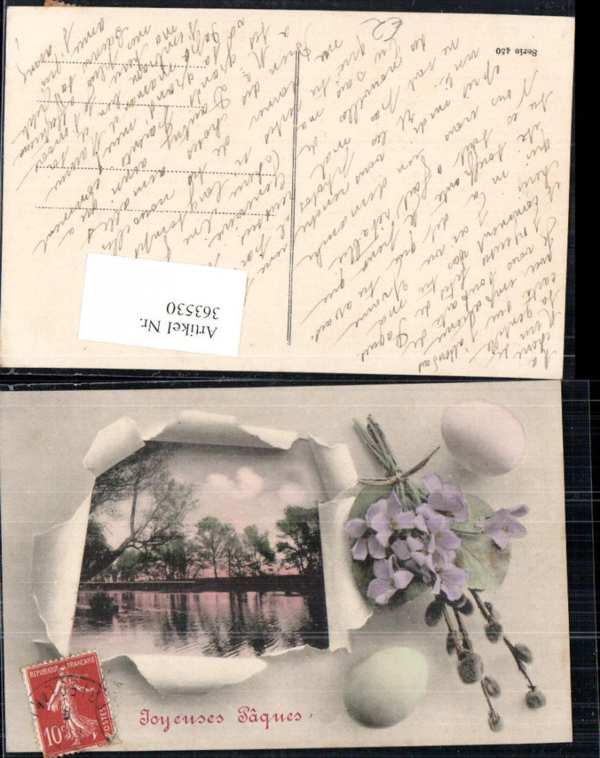 363530,Ostern Fluss Landschaft Passepartout Zerrissenes Papier Ei Osterei Palmkätzchen Blumen