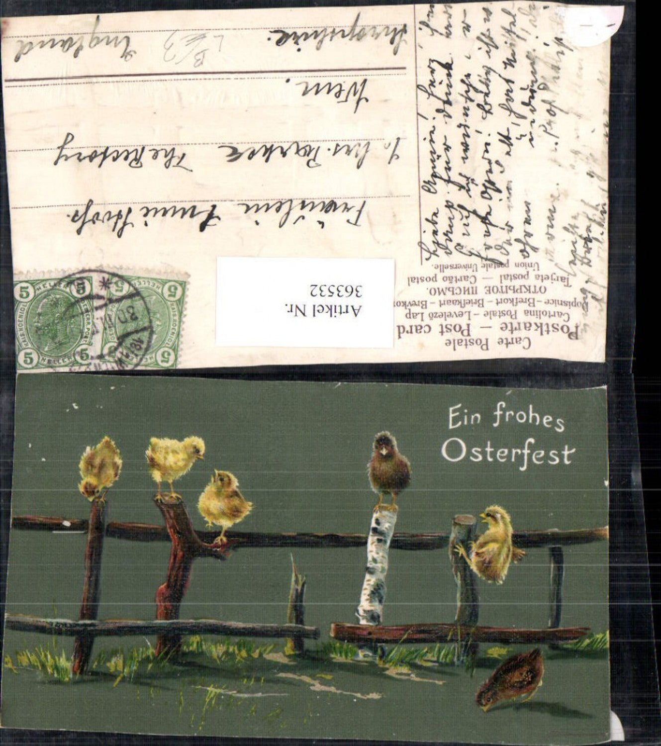363532,Präge Litho Ostern Küken a. Zaun sitzend Holzzaun