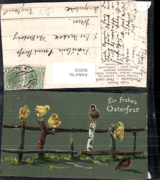 363532,Präge Litho Ostern Küken a. Zaun sitzend Holzzaun