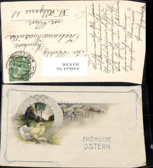 363538,Künstler Ak Ostern Küken Eierschale Palmkätzchen Birken Landschaft Silberverzierung
