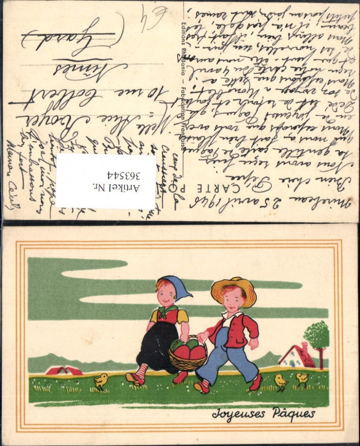 363544,Künstler Ak Ostern Kinder spazieren m. Korb Ostereier Wiese Küken Häuser
